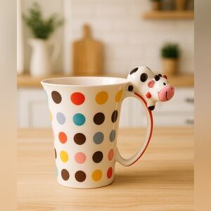 Indra Fine Stoneware Hand-Painted Polka Dot Mug with Cow Handle